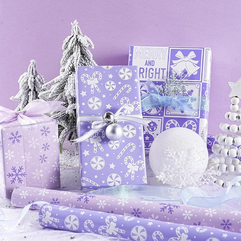 LeZakaa Christmas Wrapping Paper Mini Roll - Bell & Tree/Candy Canes/Snowflakes Design in Light Purple for Gift Wrap, Arts Crafts - 17 x 120 inches - 3 Rolls (42.5 sq.ft.ttl.) - Image 4